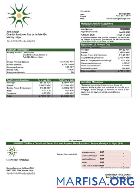 Downloadable Niger Banque Islamique du Niger (BIN) mortgage statement Word and PDF template